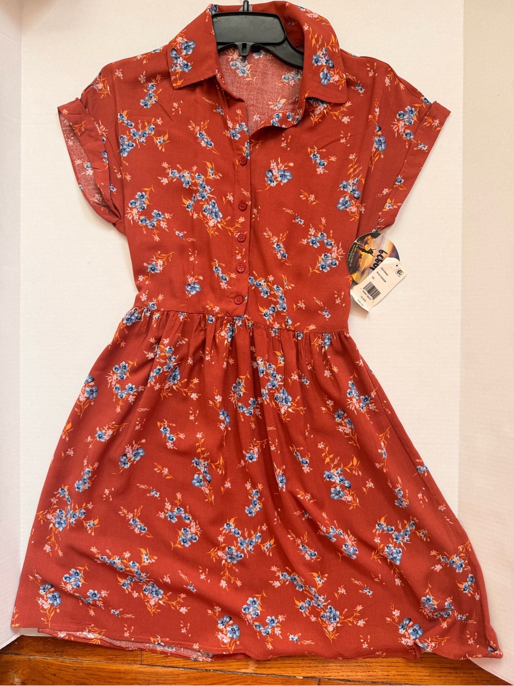 BeBop Burnt Orange Rust Floral Button-Up Mini Dress with Blue Blossoms Size XS
